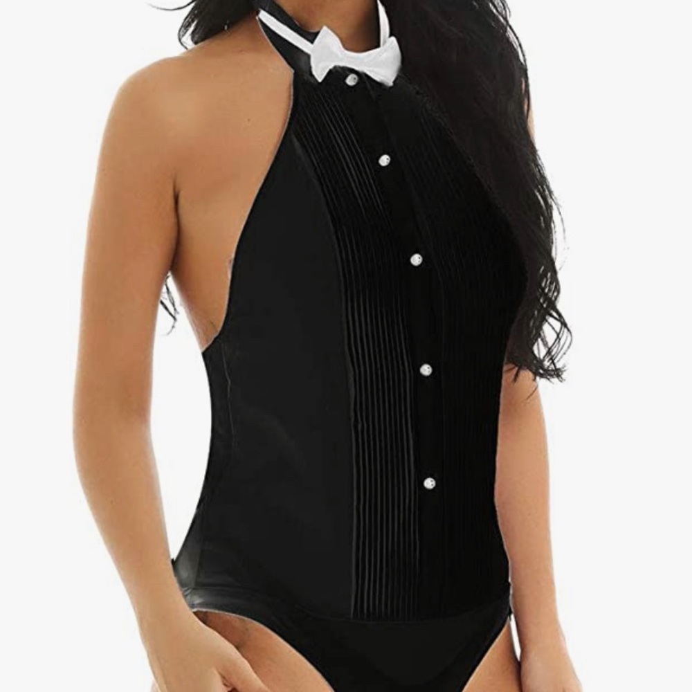 CHICTRY Tuxedo Shirt Halter Collared Bodysuit Teddy Button Down Shirt Leotard